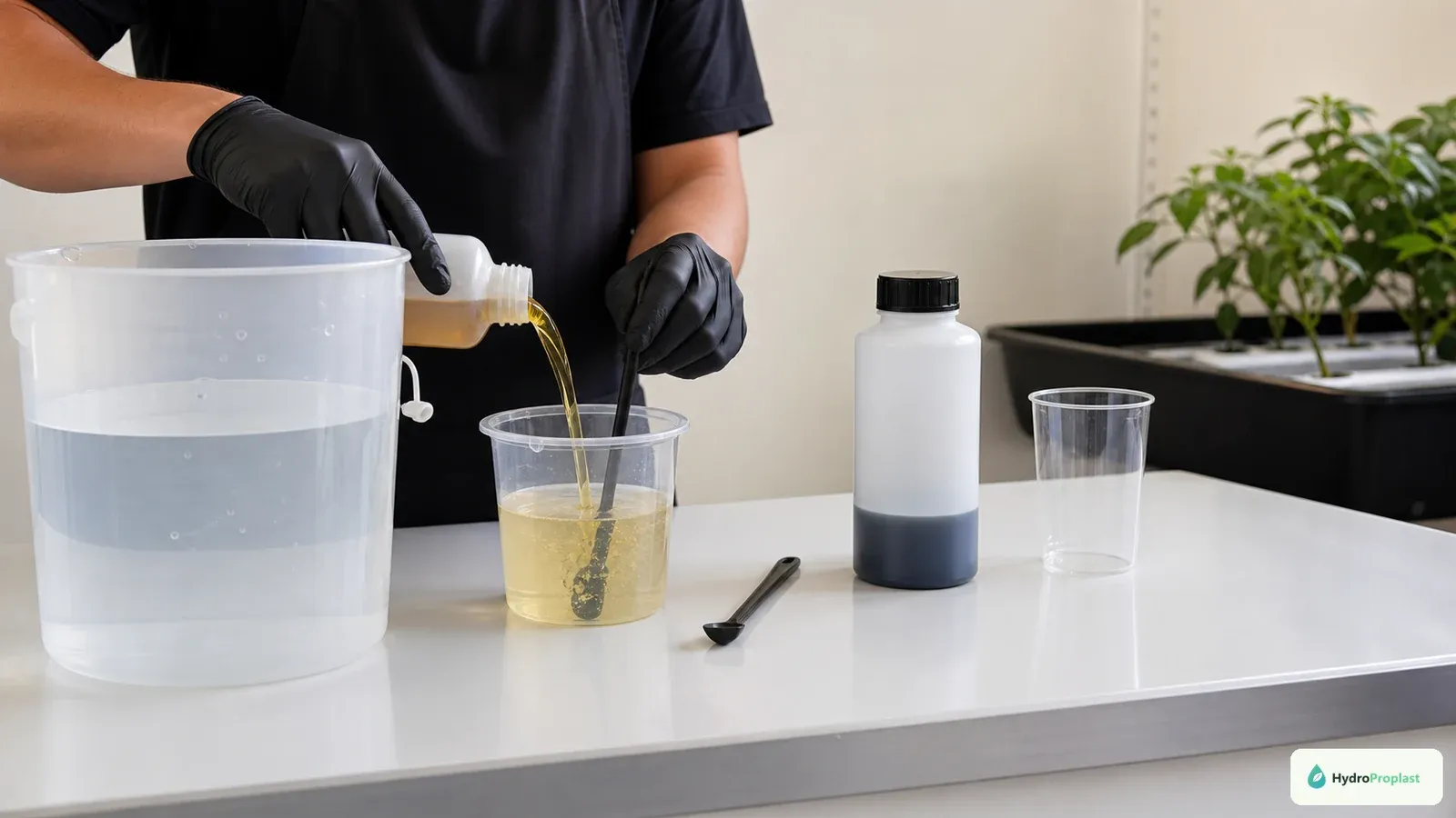 A grower dilutes one nutrient concentrate at a time in clean source water using separate tools.