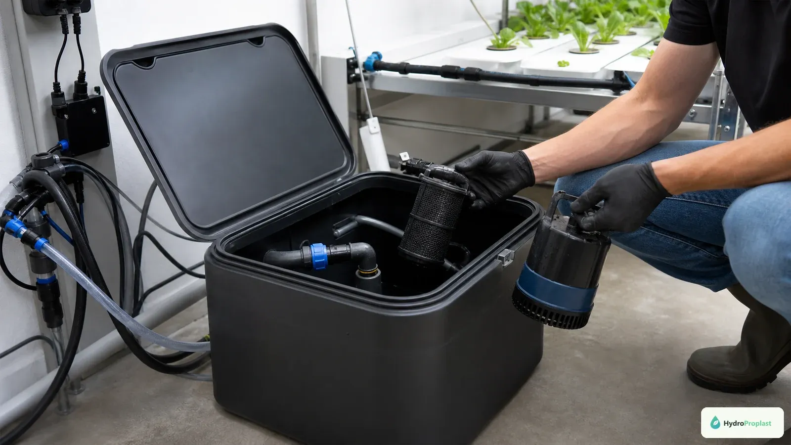 A wide reservoir opening gives easy access to a removable pump, intake filter, and quick-connect hoses.