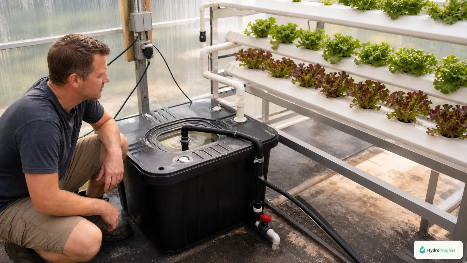 Grower verifies nutrient circulation through a sloped NFT lettuce system after power returns.