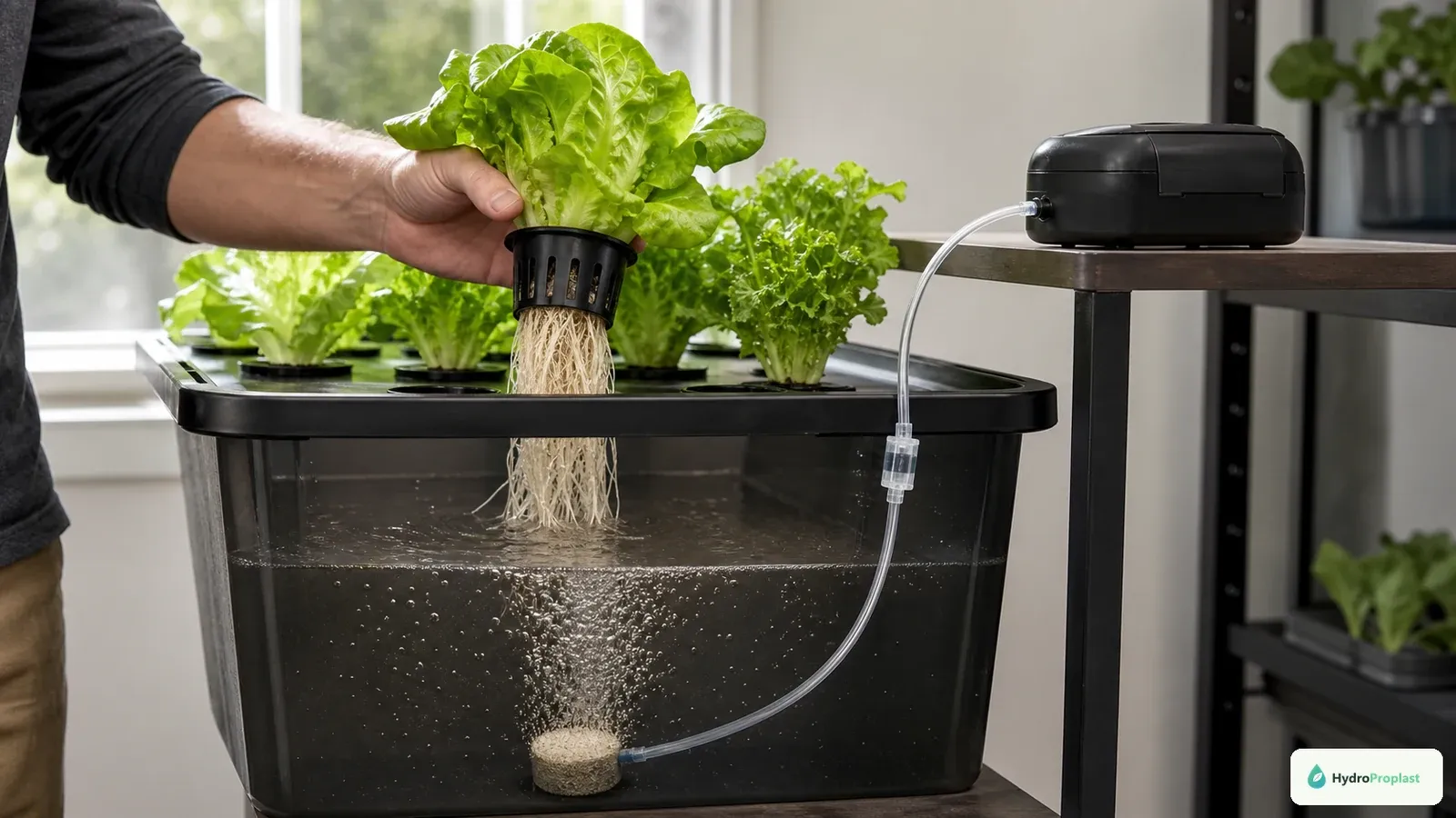 Grower inspects pale DWC lettuce roots while an enclosed battery air pump supplies bubbles through a check valve.