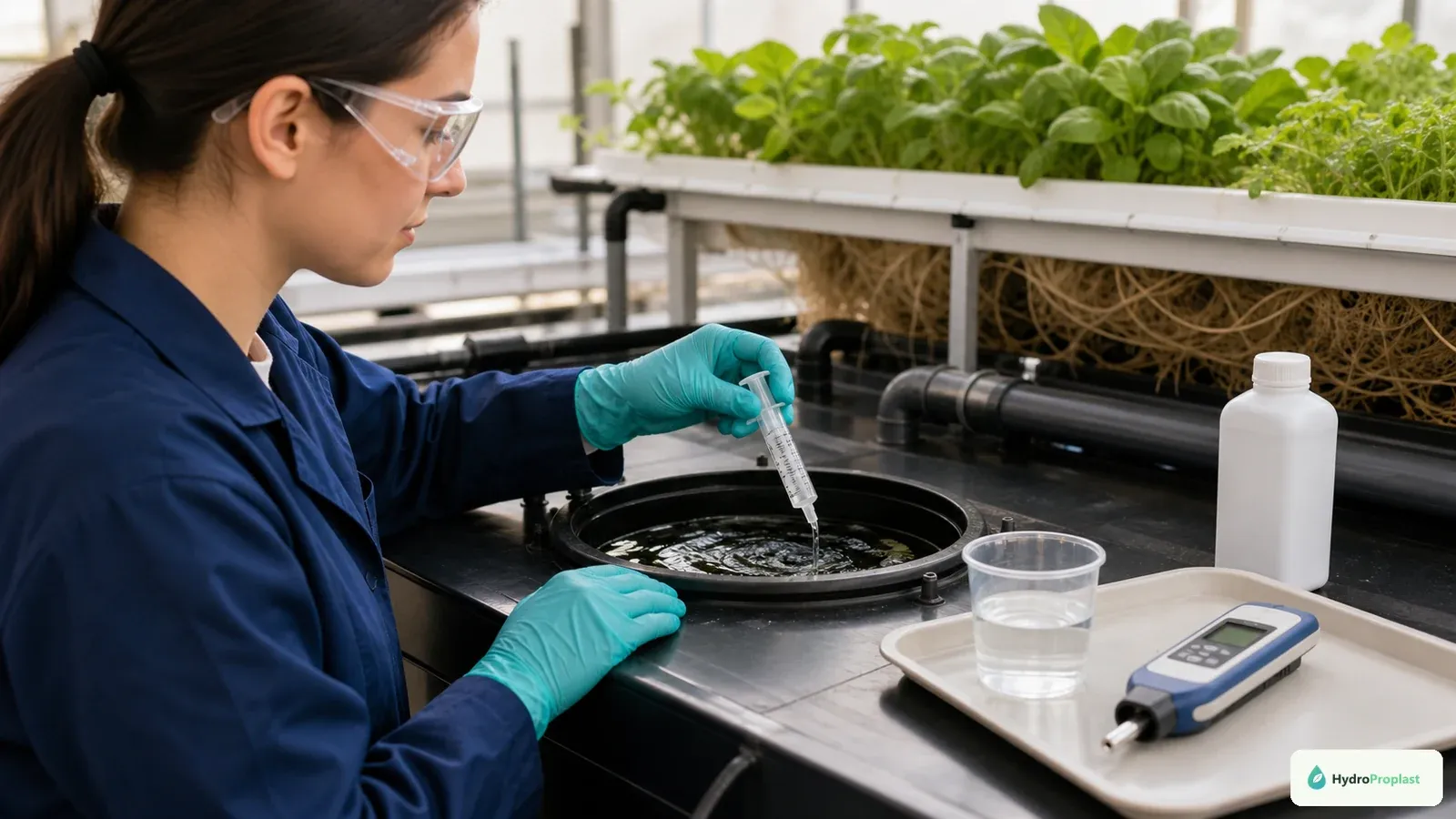 A grower in protective gloves adds a small measured dose of diluted pH adjuster into a circulating reservoir.