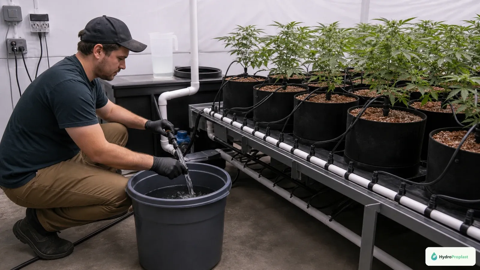 A recirculating drip system is safely drained and refilled while emitters, media pots, and return lines remain visible.
