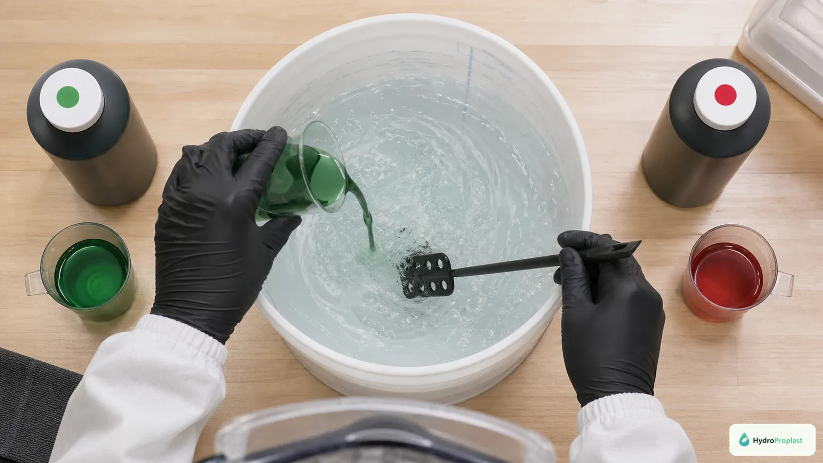 Two-part hydroponic nutrients are measured and diluted separately into clean water.