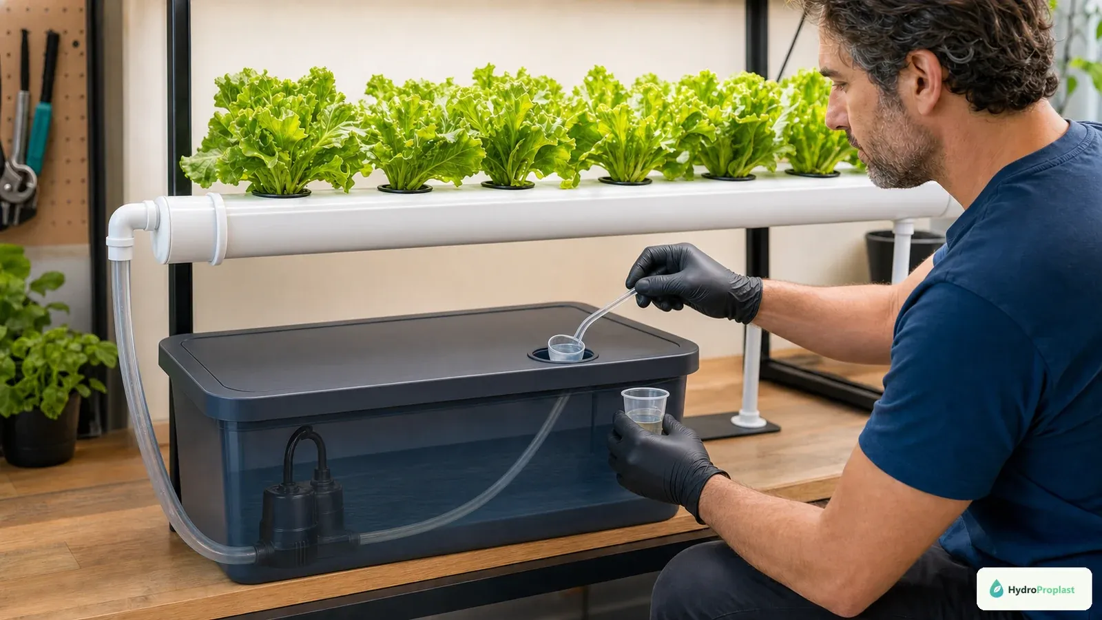 Grower draws a clean nutrient sample from a calm access point in a covered NFT reservoir with a visible supply and return path.