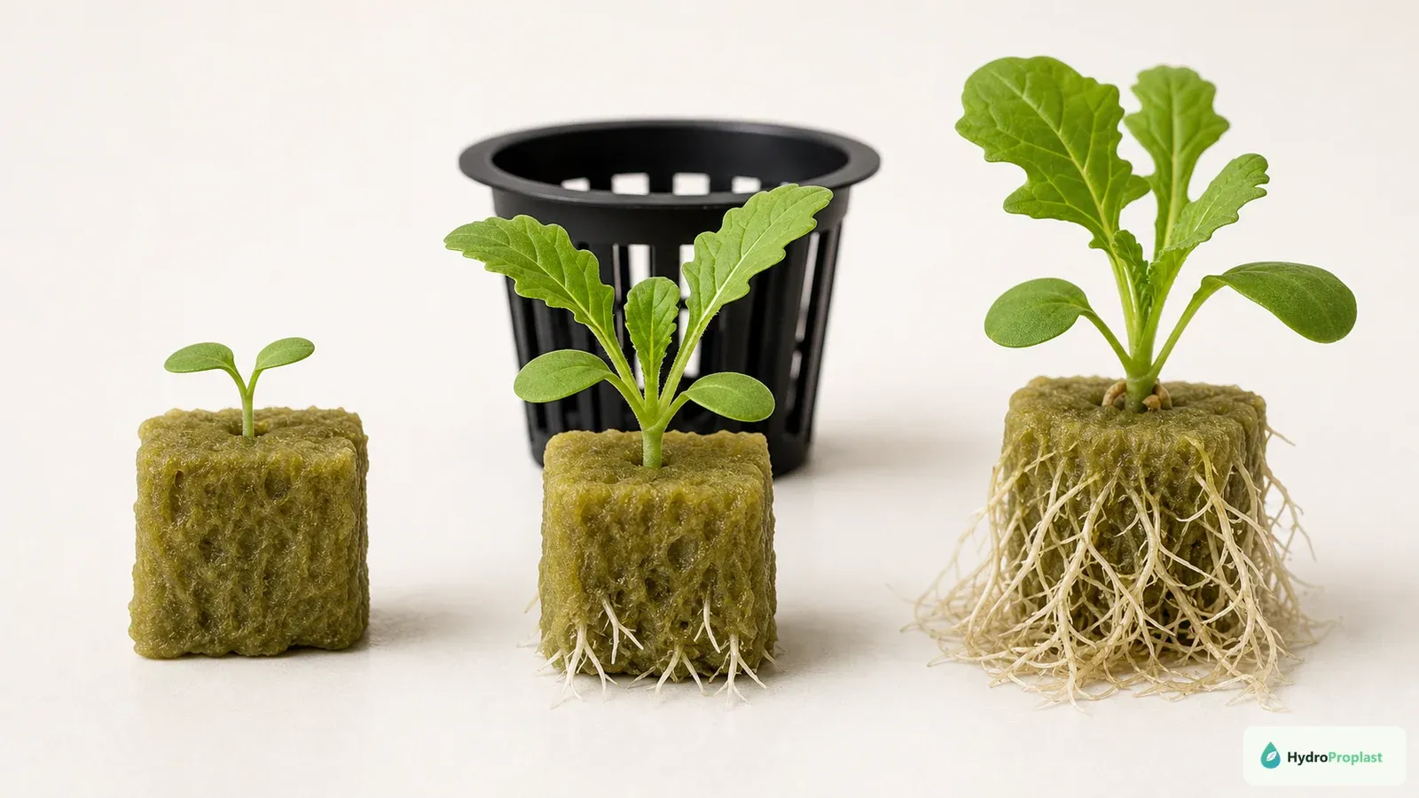 Starter plugs comparing an early seedling, a compact transplant-ready seedling, and an overdue root-bound seedling