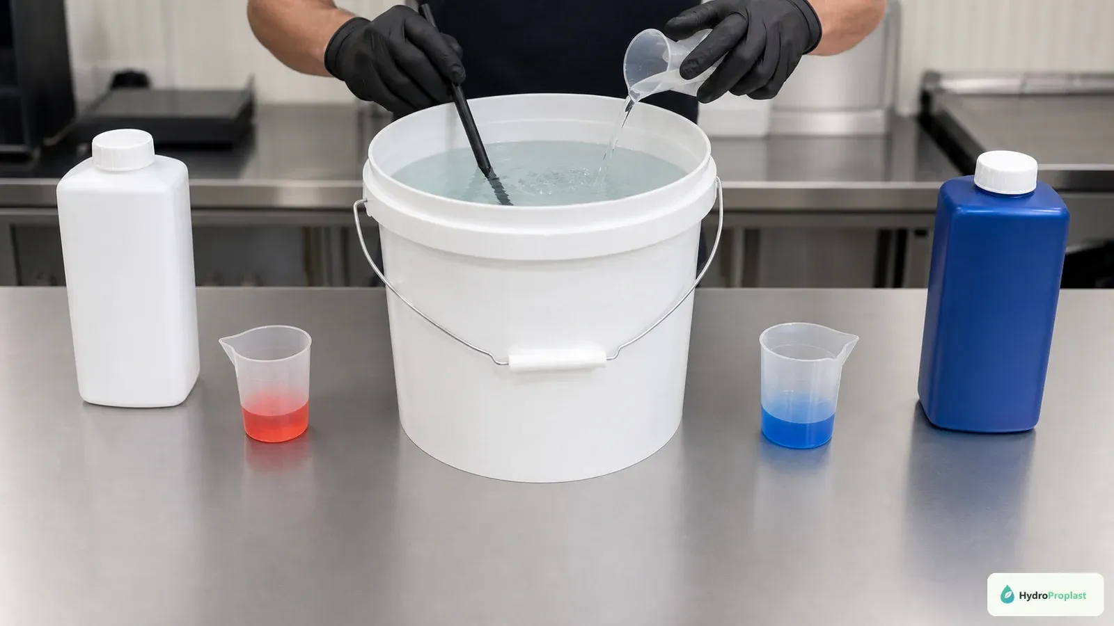 Two hydroponic nutrient concentrates remain separated while one measured part is diluted into water.