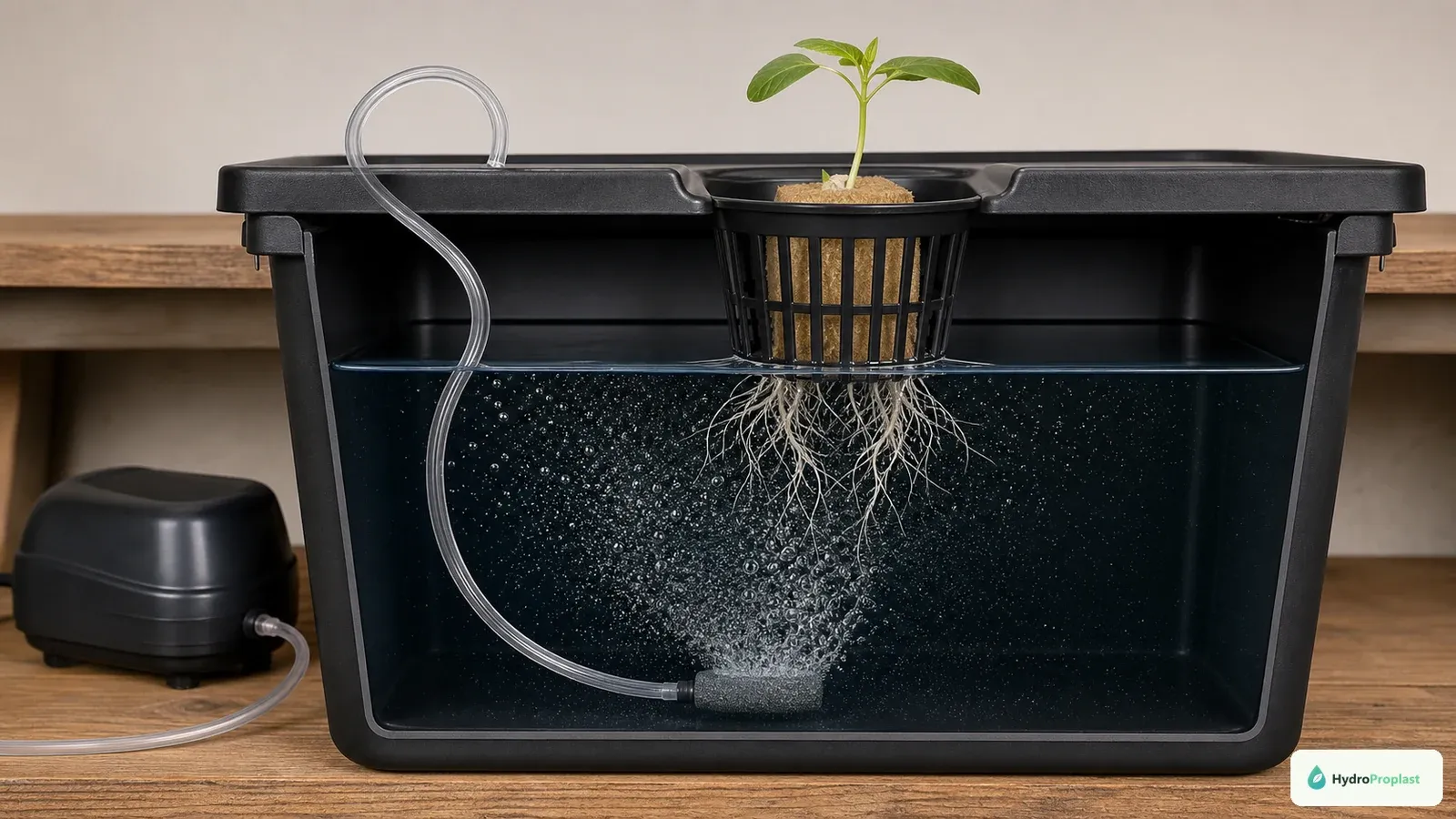 Close-up of a Kratky net pot showing nutrient solution touching the bottom centimeter of the net cup at transplant.