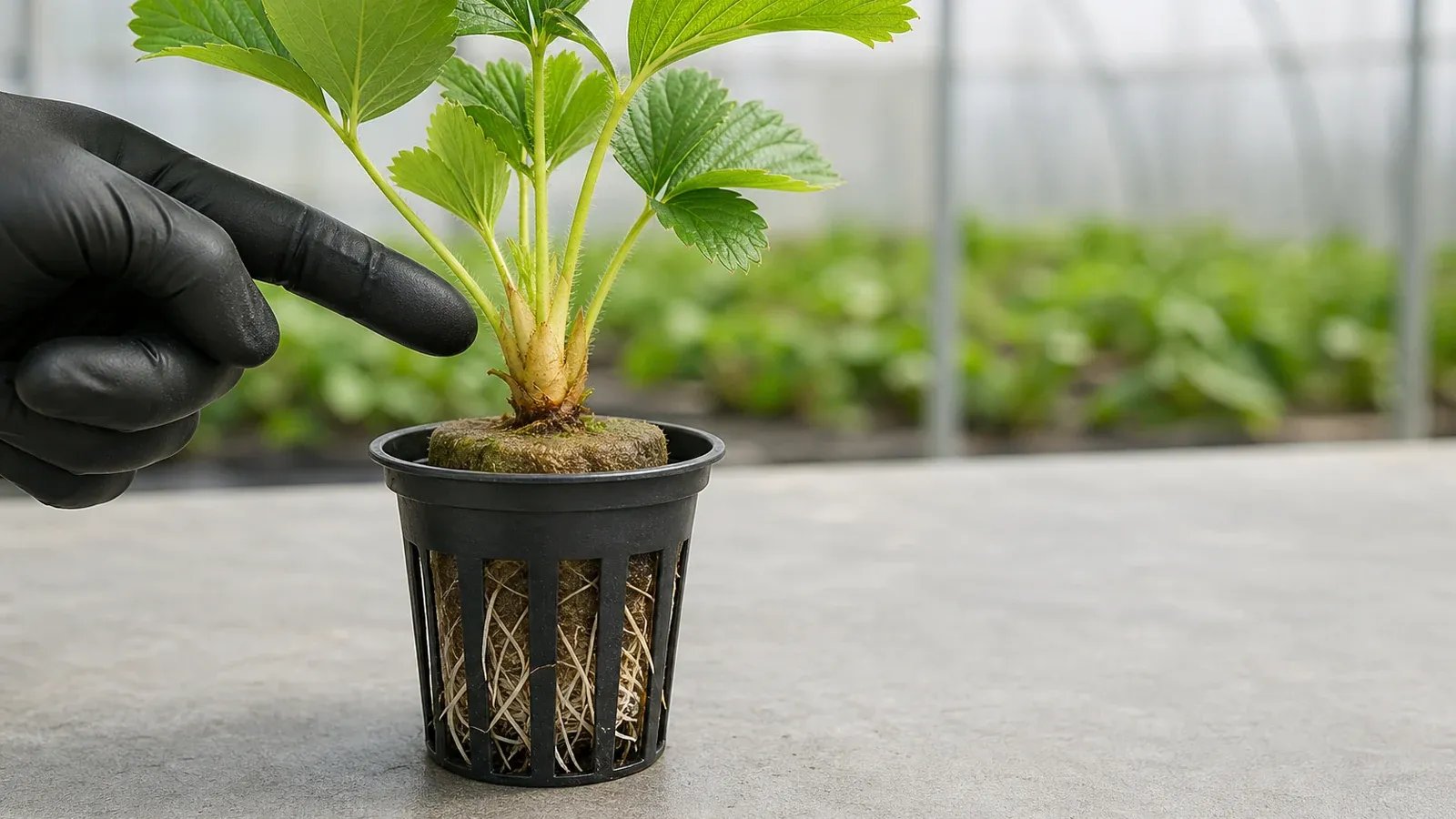 A strawberry crown sits above the moist root zone while healthy roots extend downward into the support.