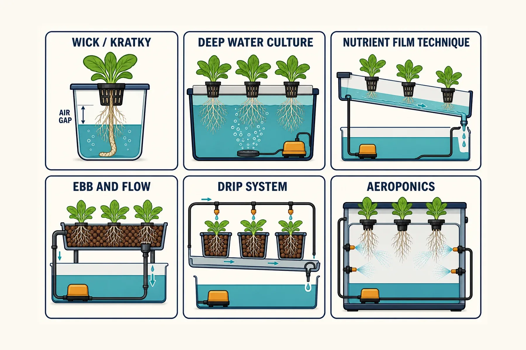 Illustrated comparison of six common hydroponic system families