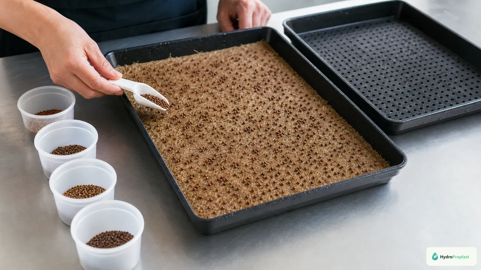 Hands distribute soaked microgreen seeds evenly across a moist fiber mat in a shallow propagation tray.