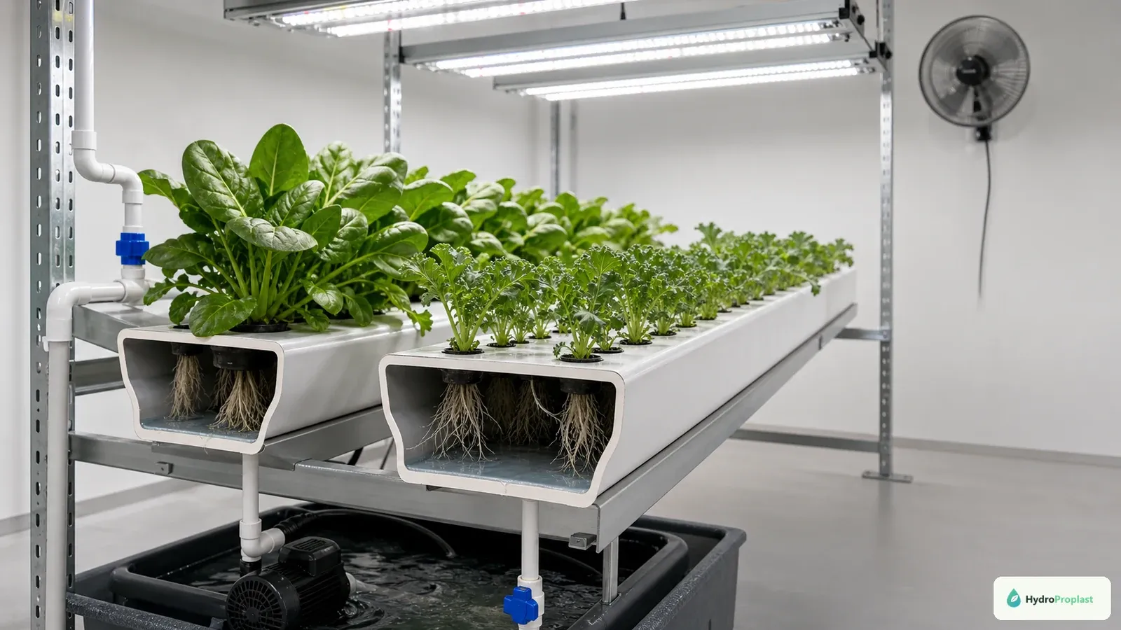 Spinach and kale grow in parallel NFT channels under adjustable white LED lights with a shallow nutrient film visible.
