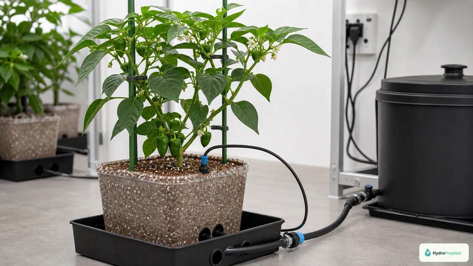 A drip-fed pepper plant in coco-perlite has stakes and soft clips installed before fruit becomes heavy.