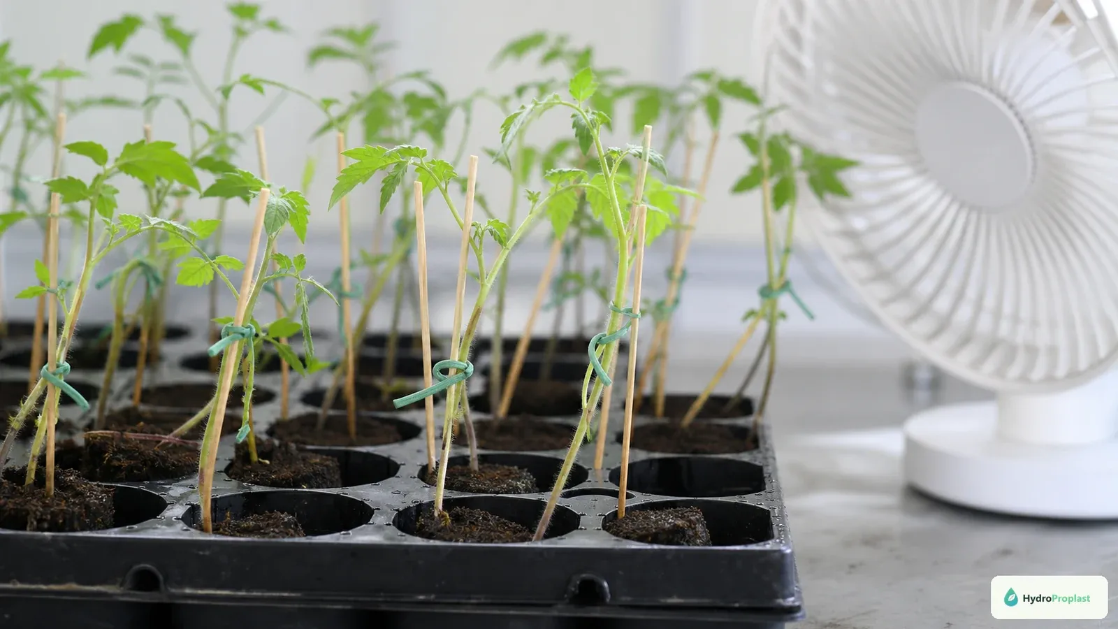 Recovering leggy seedlings receive gentle airflow and loose temporary stem support.