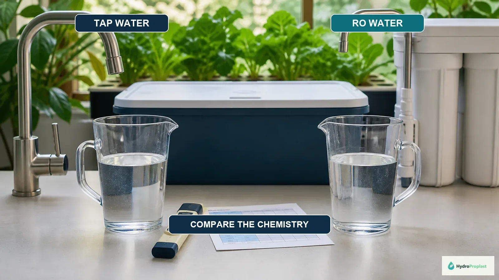 Equal tap-water and reverse-osmosis samples compared beside an EC meter, water report, covered reservoir, and healthy hydroponic plants.