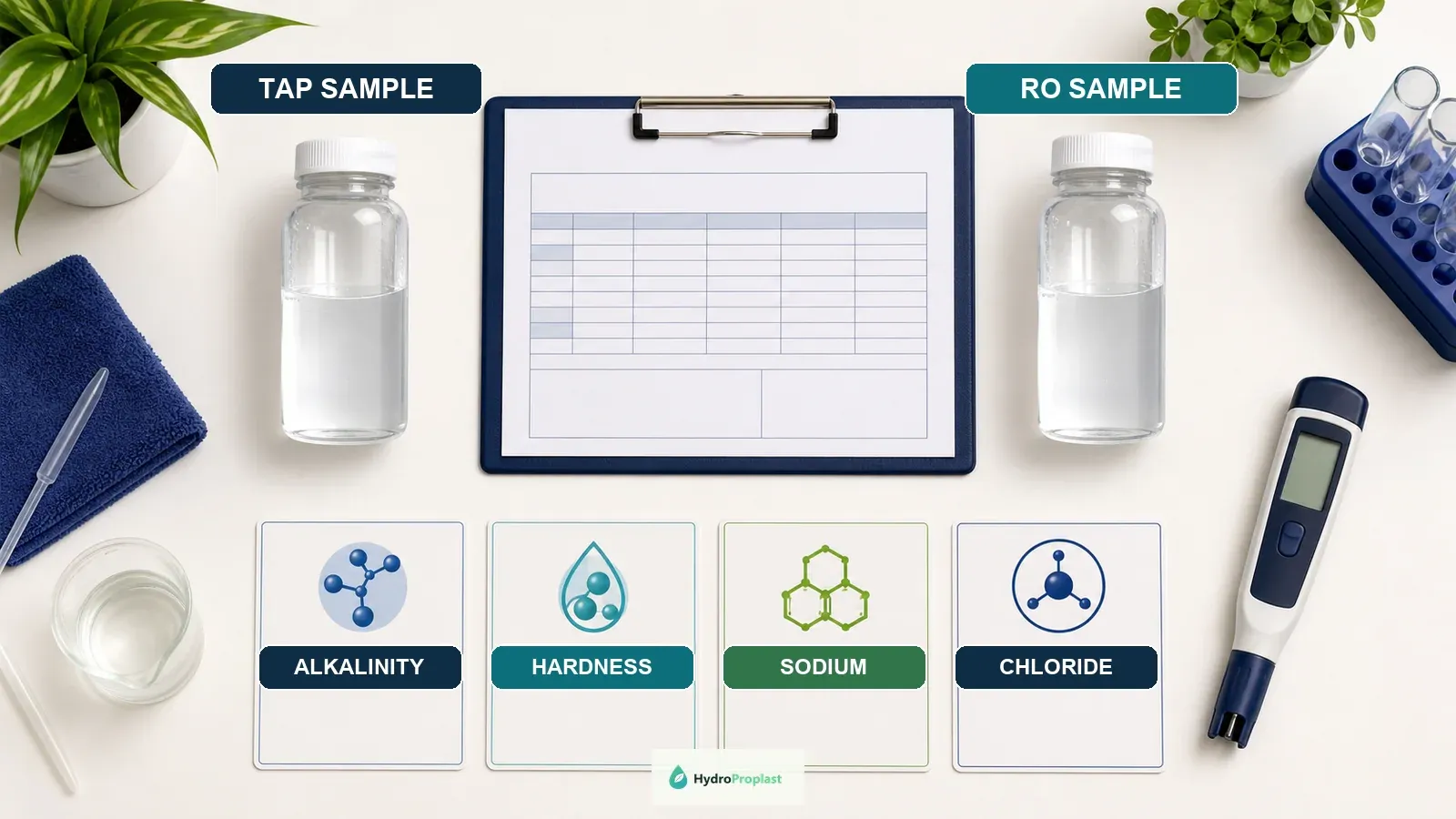 Tap and RO water samples evaluated with a laboratory report for alkalinity, hardness, sodium, and chloride rather than EC alone.