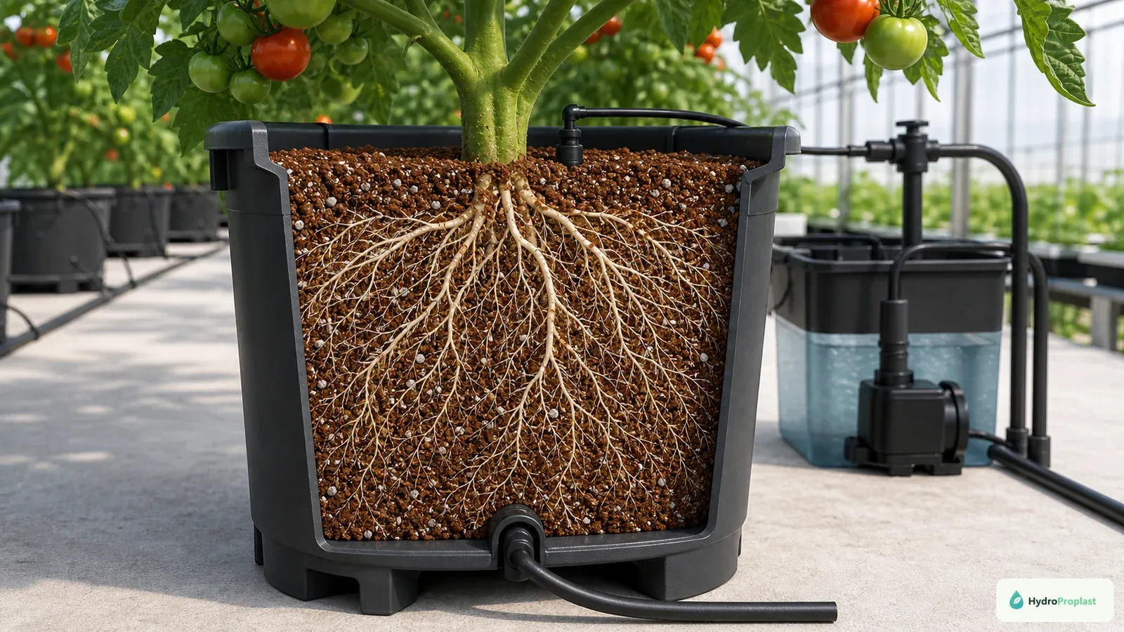 Cutaway showing healthy tomato root zone volume and consistent moisture distribution.