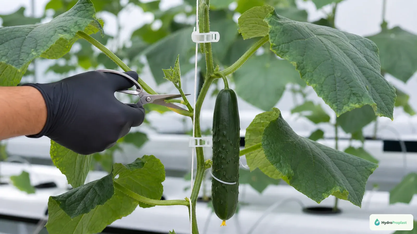 A cucumber vine is trained as one main leader while a small lateral shoot is pruned with clean scissors.
