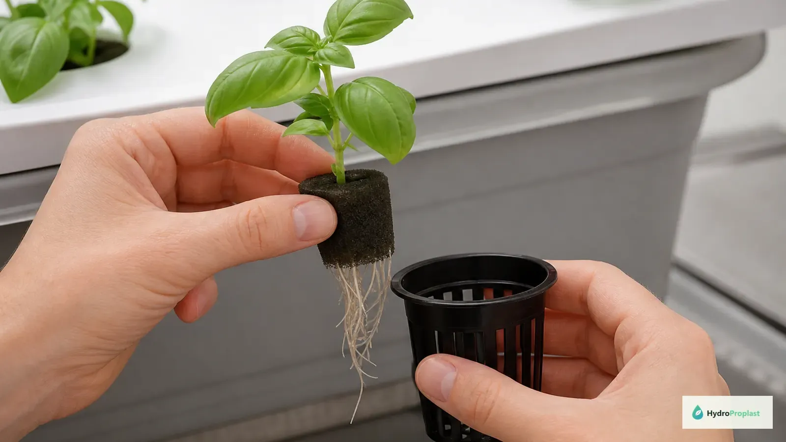 Young basil seedling with healthy roots being placed into a hydroponic net cup.