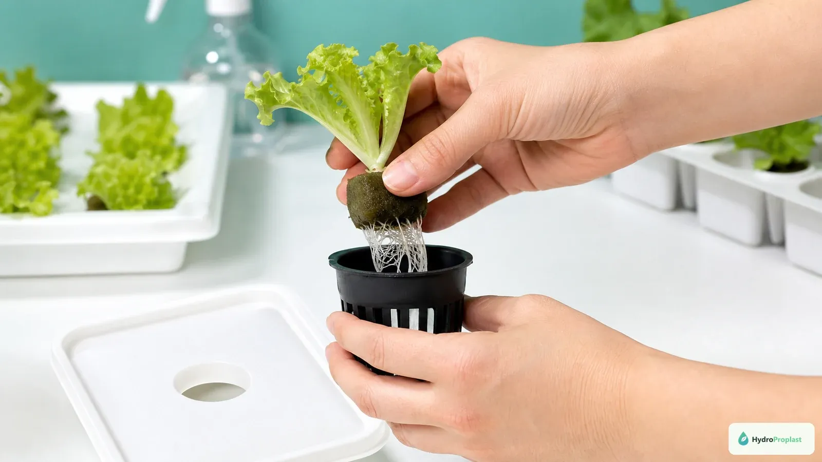 Healthy lettuce seedling plug with visible white roots being placed gently into a clean net pot.