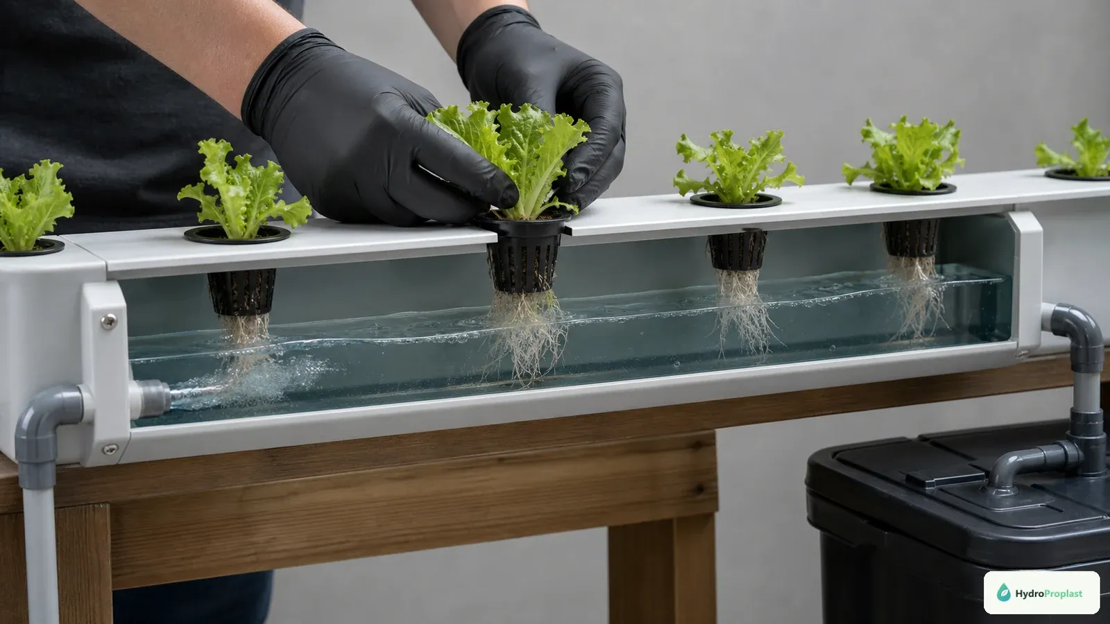 Recovered lettuce seedling is transplanted into a recirculating DFT hydroponic channel.