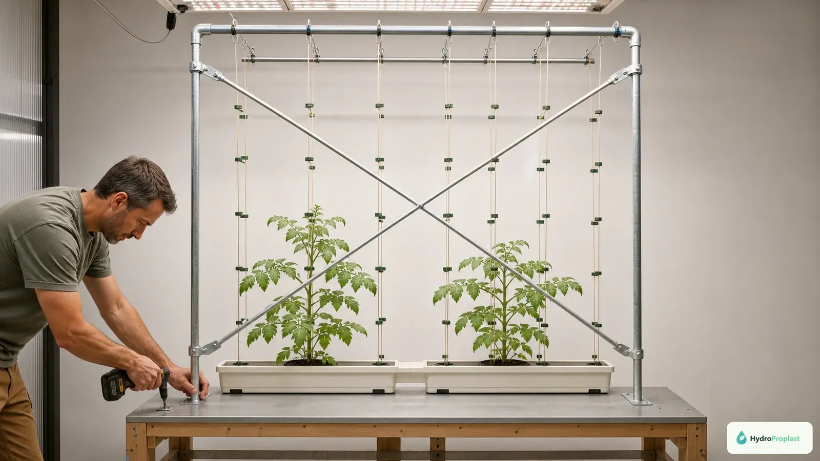 A freestanding cross-braced trellis supports young indoor tomato plants independently of the grow lights.