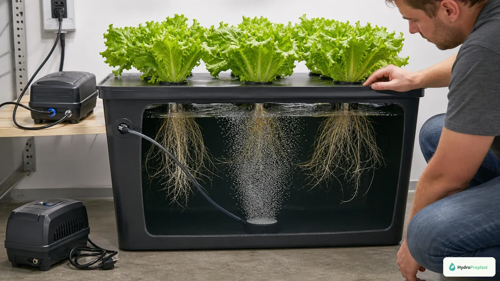 Grower verifies aeration in a DWC reservoir with the air pump safely outside the water.