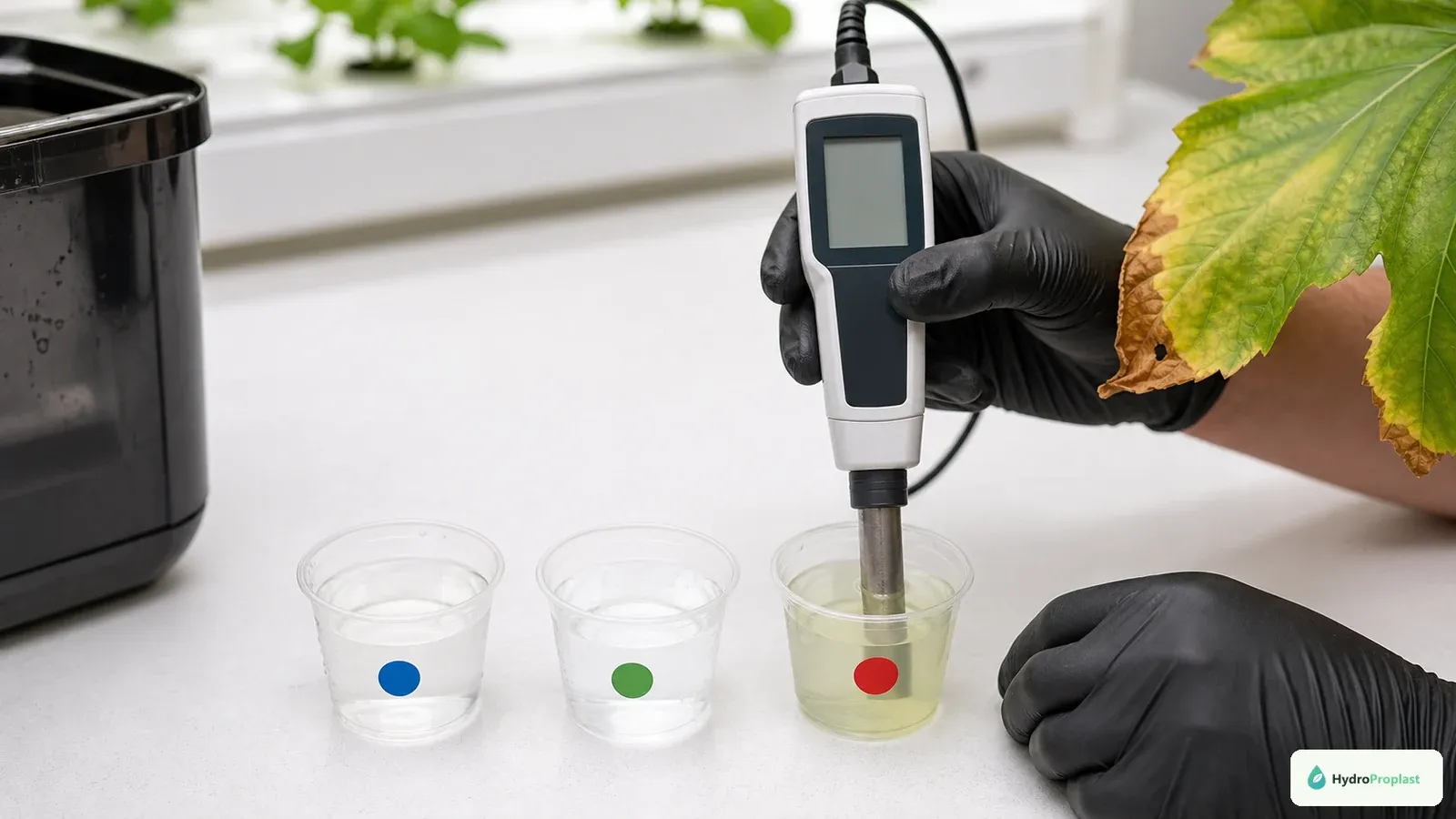 Grower verifies an EC meter using separate calibration, rinse, and reservoir samples.