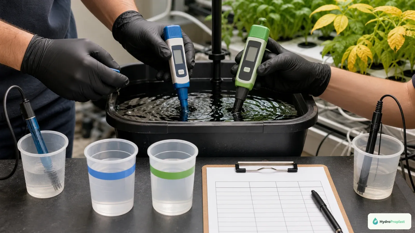 Grower verifies pH and EC from separate clean hydroponic solution samples.