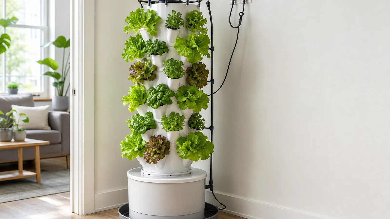 Compact leafy greens grow in a recirculating vertical drip tower with a low reservoir, top supply, and gravity return.