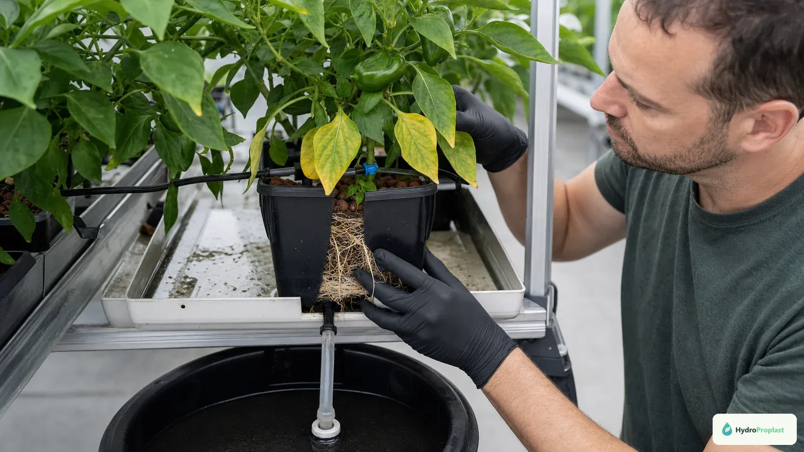 Grower diagnoses lower-leaf yellowing on a pepper plant in a recirculating drip system.