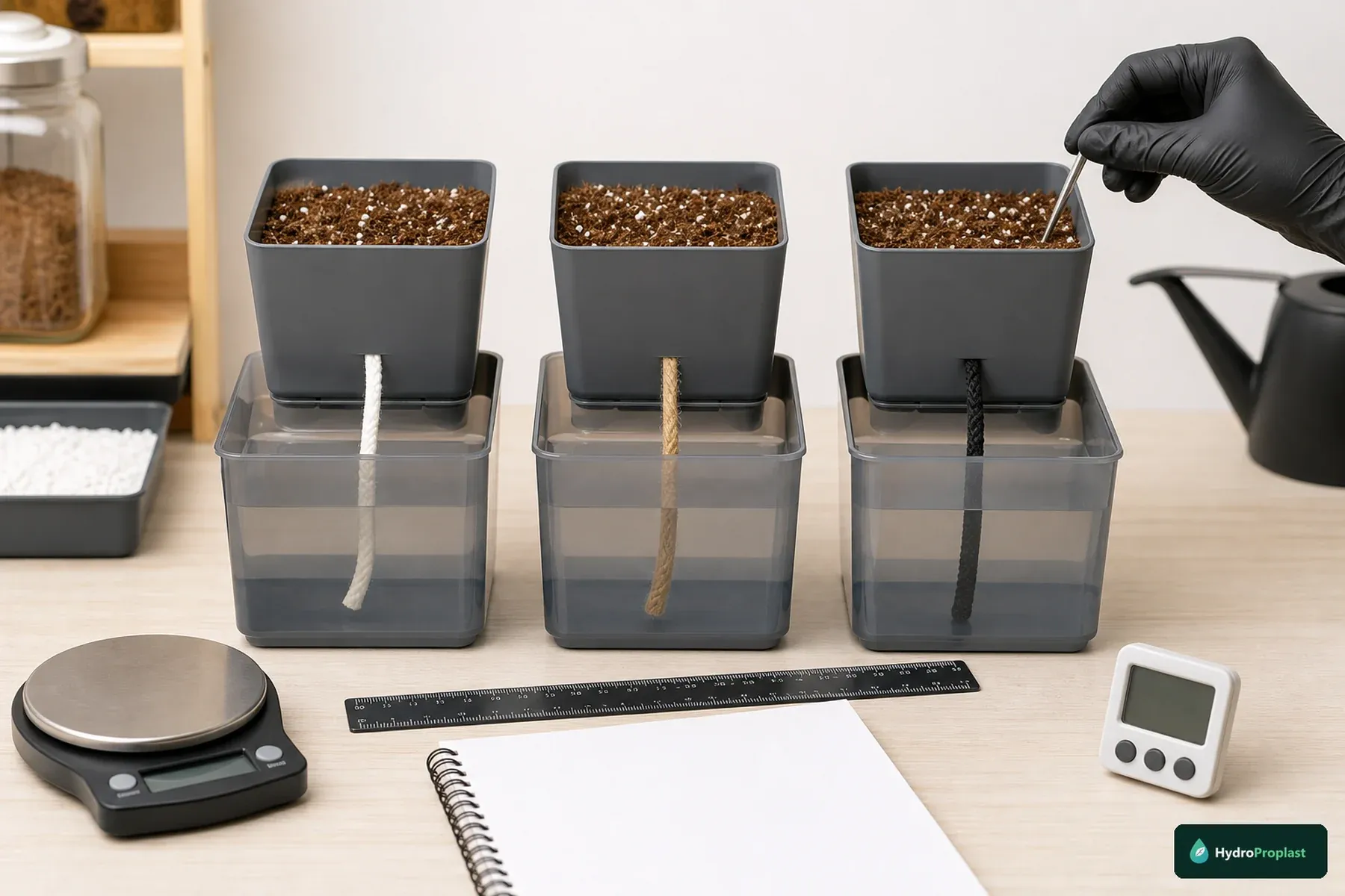 Three wick materials tested in identical reservoirs and growing-medium pots for passive water delivery