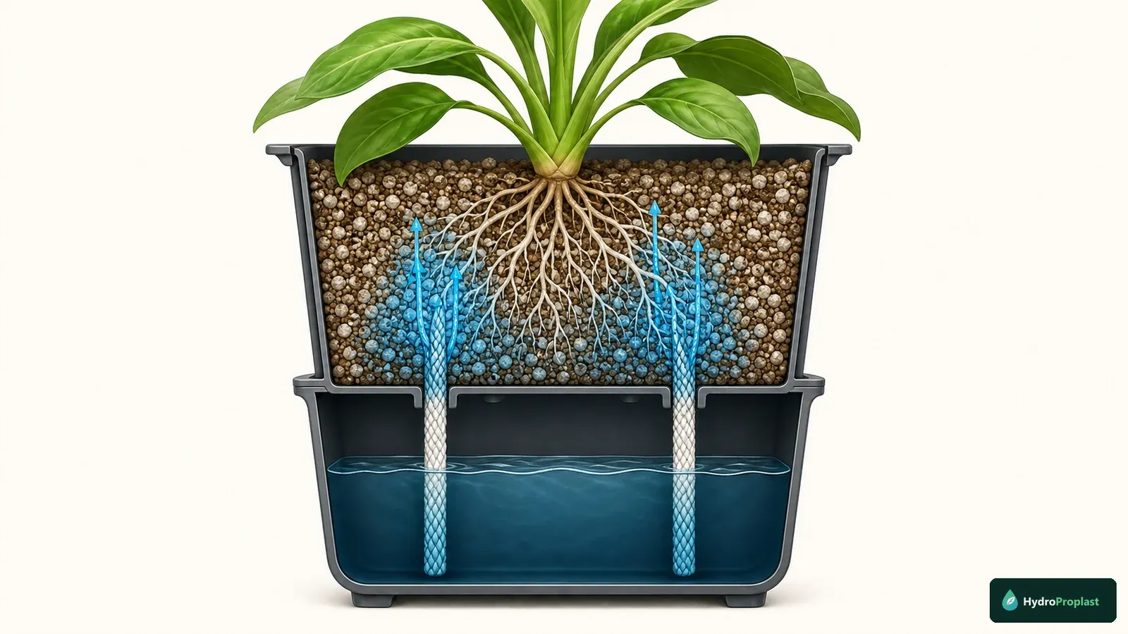 Cutaway showing nutrient solution rising through two wicks and spreading through the hydroponic growing medium