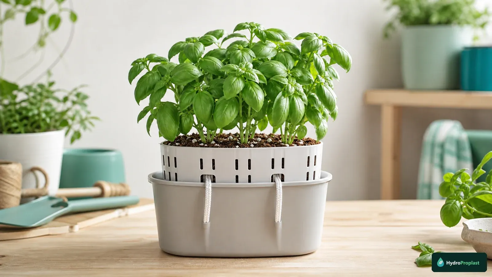 Home wick hydroponic system growing basil above an opaque reservoir with two braided wicks