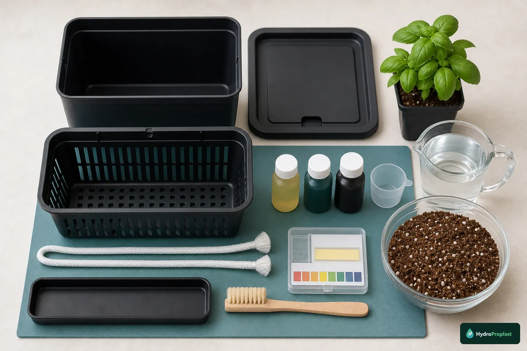 Reservoir, inner pot, wicks, growing medium, nutrient, pH kit, seedling, and cleaning tools for a wick system